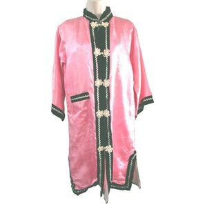 Asian Inspired Vintage Robe Coat Pink Damask Brocade Black Velvet Minor Damage